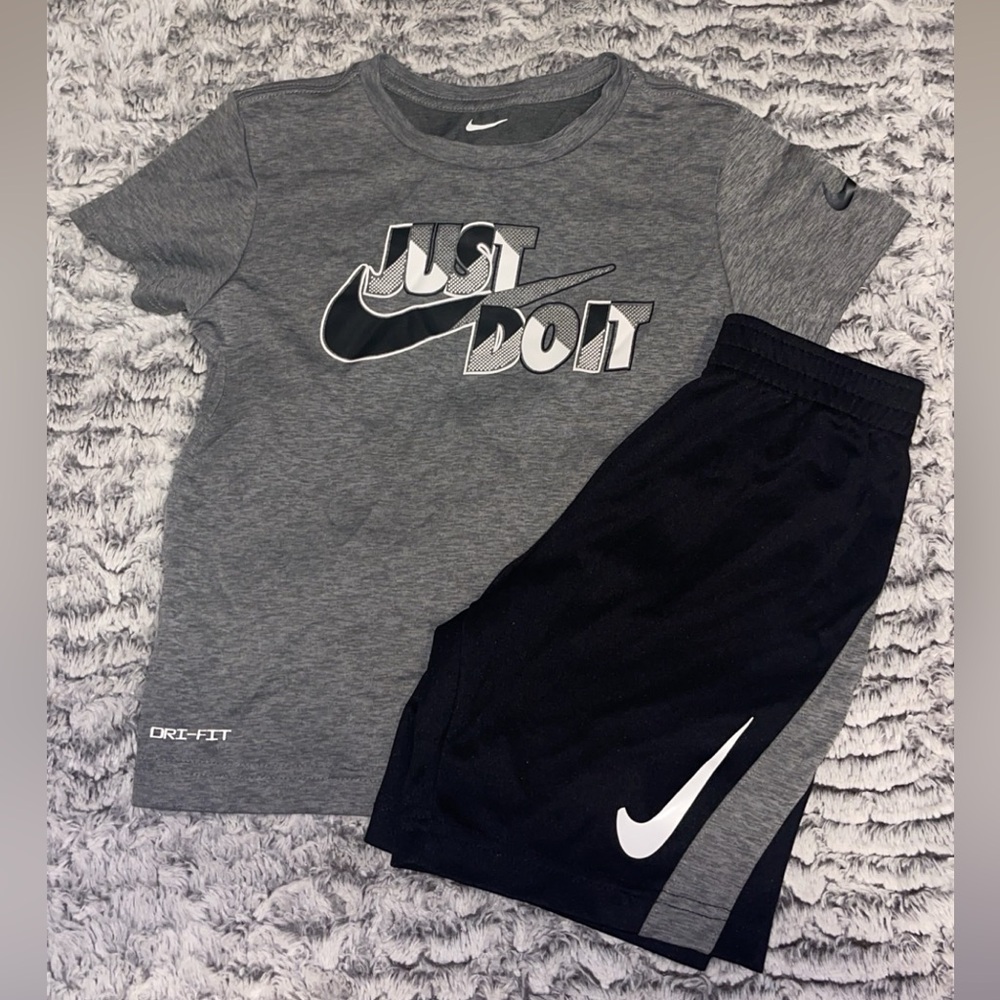 Nike Gray Dri-FIT Youth Shirt and Black Shorts